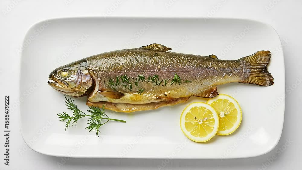 Grilled Whole Fish with Lemon Slices and Herb Garnish on White Rectangular Plate with White Background Grilled Whole Fish with Lemon Slices and Herb Garnish on White Rectangular Plate with White Background