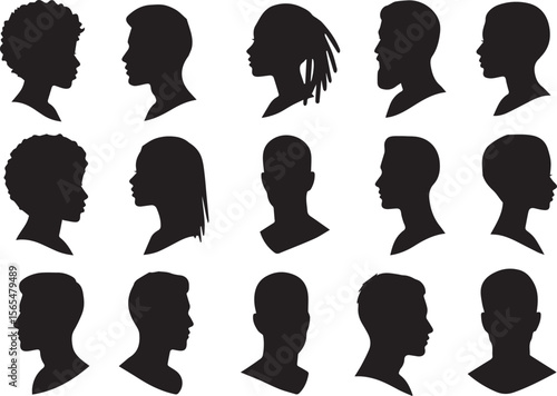A diverse collection of human head silhouettes in profile, representing various genders, ages, and hairstyles, ideal for themes of diversity, identity, community, and social representation
