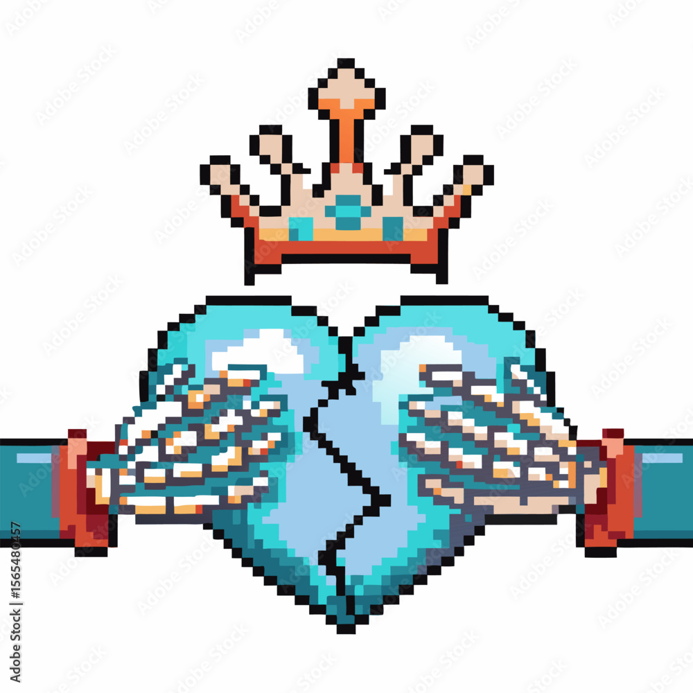 Obraz premium Pixel art skeleton hands holding broken blue heart with gold crown retro digital illustration, love loss fantasy