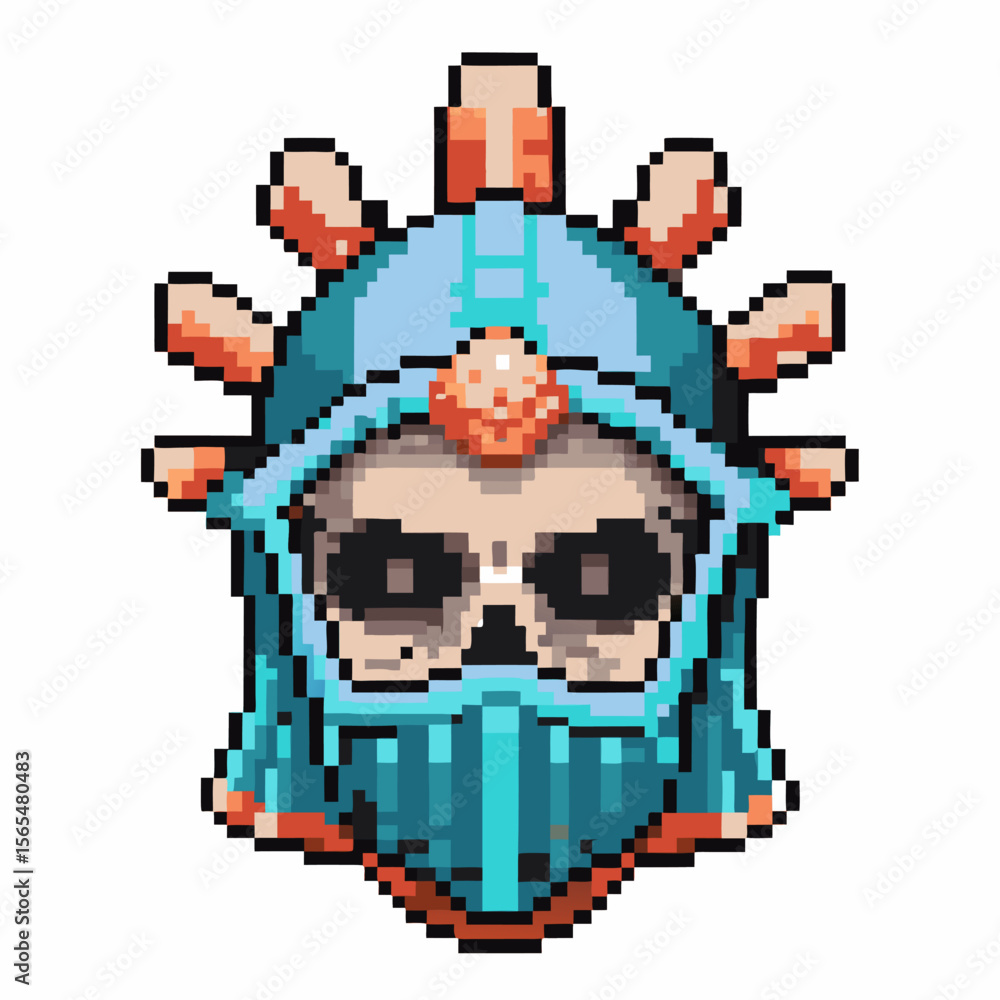 Fototapeta premium Pixel art skull warrior helmet with blue visor and spiked crown retro game character, fantasy armor, vintage pixel