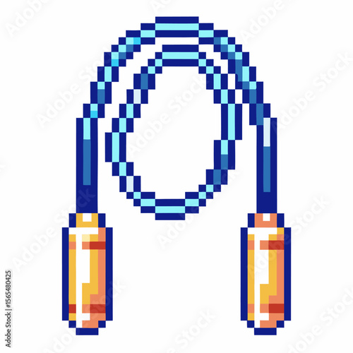 Pixel art jump rope, retro exercise equipment for fitness and cardio training blue coiled skipping rope, isolated white background