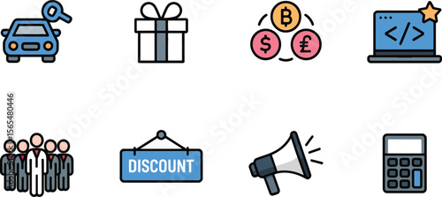 Icons for business car gift money coding team discount megaphone calculator finance marketing offer sale