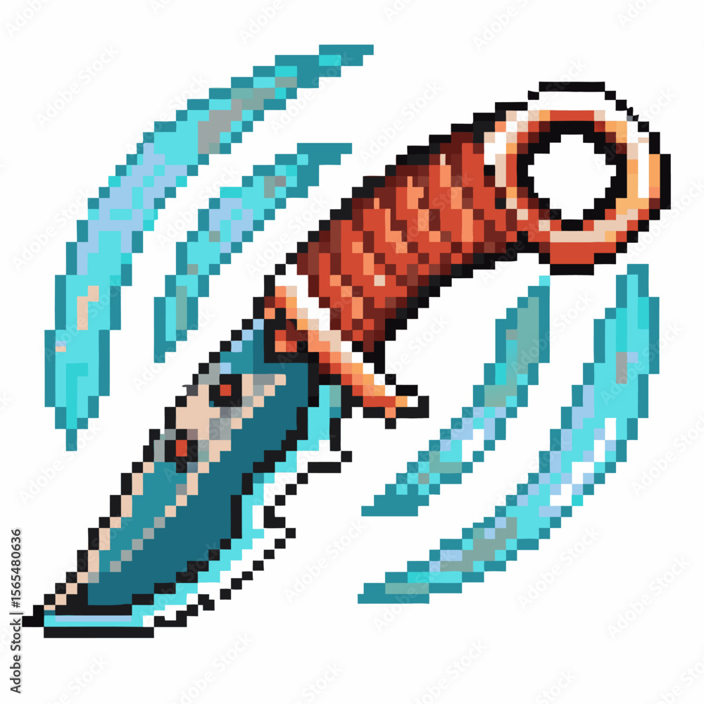 Fototapeta premium Pixel art hunting knife with curved blade and brown handle, motion lines, retro video game weapon, sharp, action icon
