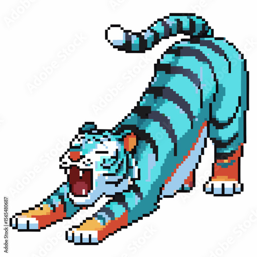 Pixel art stretching tiger, blue striped wild cat yawning retro animal illustration, gaming character pose