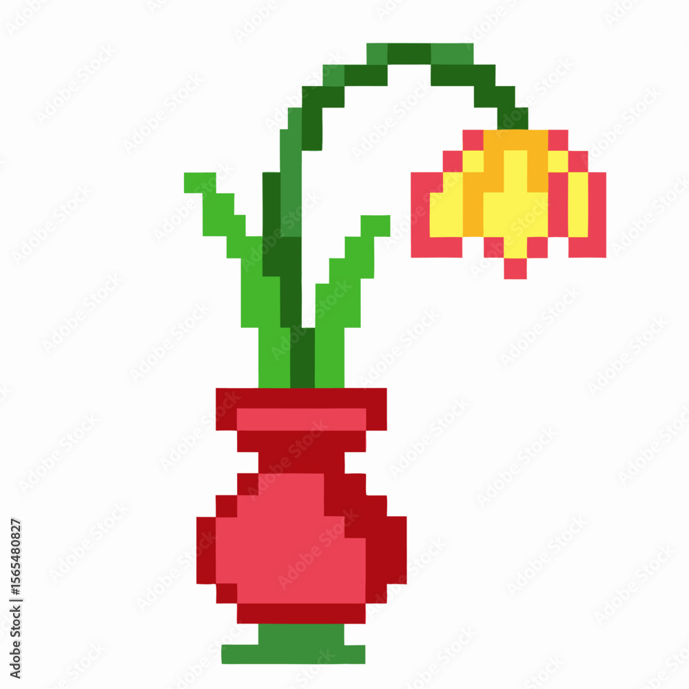 Fototapeta premium Pixel art wilted yellow flower in red vase, with green stem and leaves, retro minimal digital design