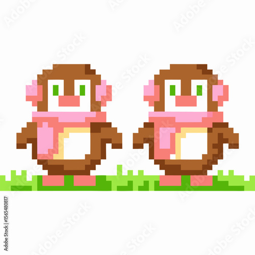 Pixel art penguins wearing pink scarves and earmuffs standing on grass, retro computer game with winter accessories
