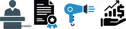 Business training certificate hair dryer and money growth icon set for education and financial success
