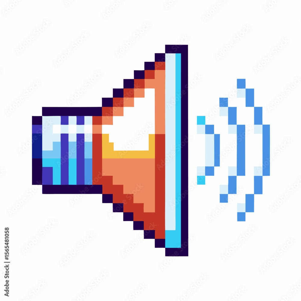 Fototapeta premium Pixel art loudspeaker icon with sound waves retro digital audio volume symbol, modern minimal game design element