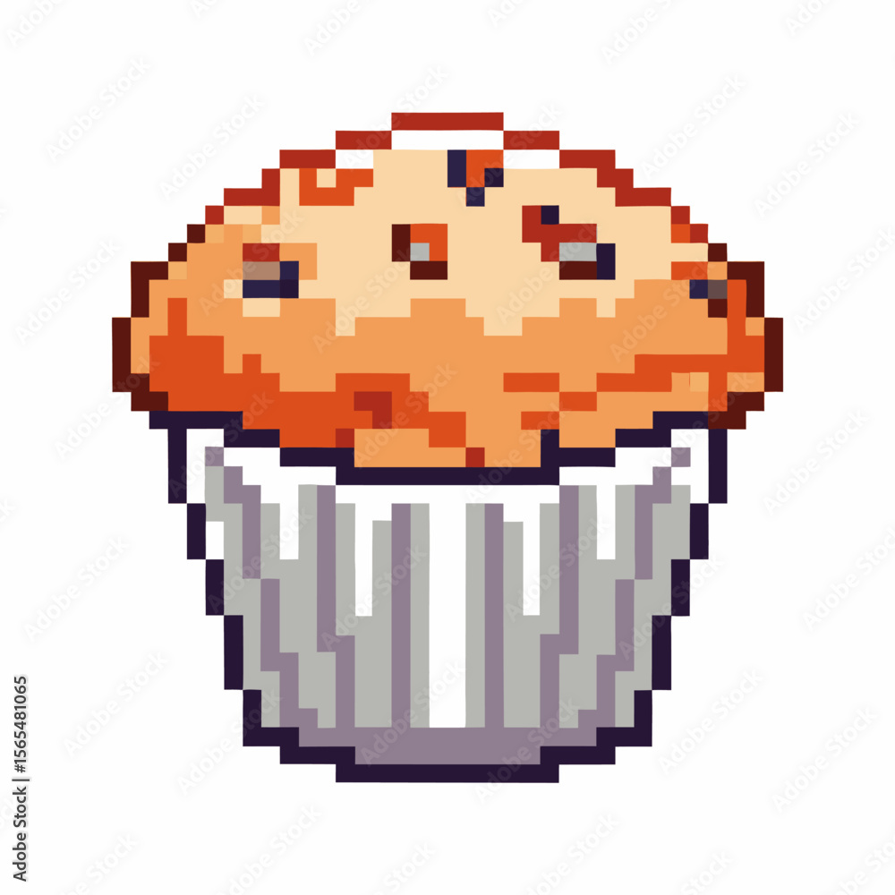 Fototapeta premium Pixel art chocolate chip muffin in white paper cup on white background retro bakery dessert, sweet snack food icon