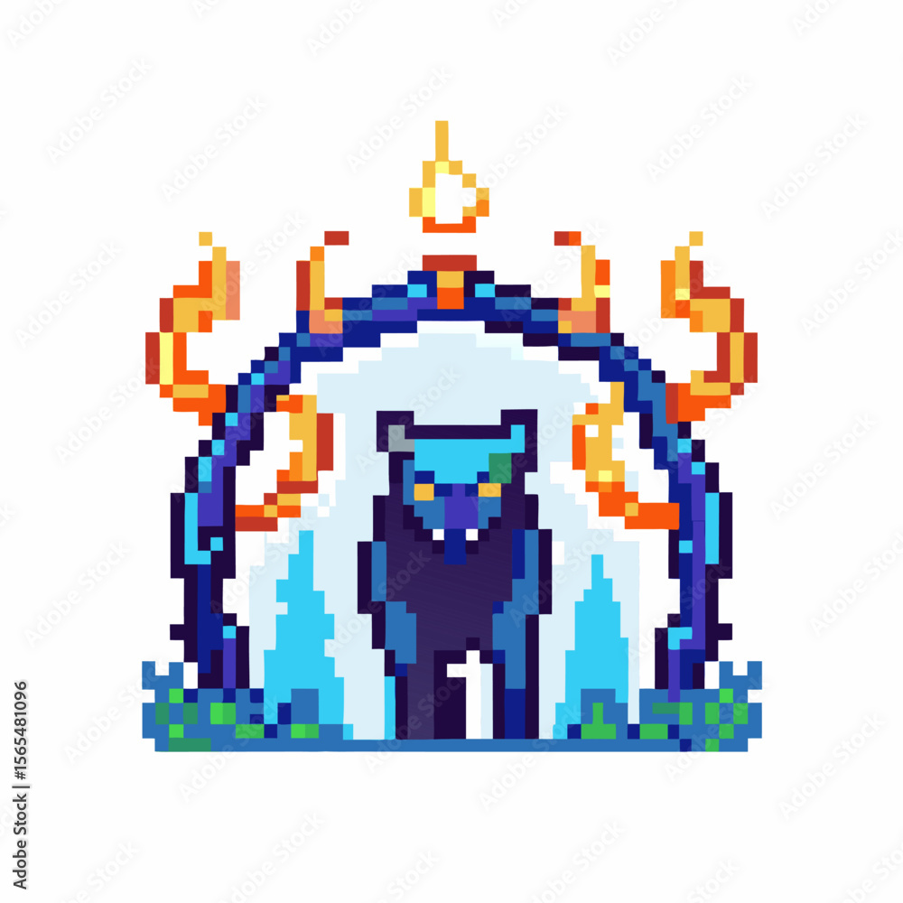 Fototapeta premium Pixel art magical wolf in blue flames, mythic guardian animal standing under fiery arch, retro fantasy game sprite