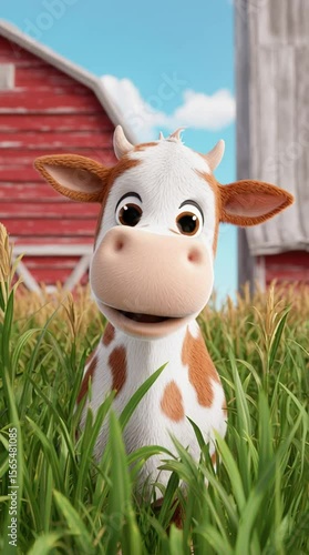 Cute animated cow is happily living on a bright modern cartoon farm setting