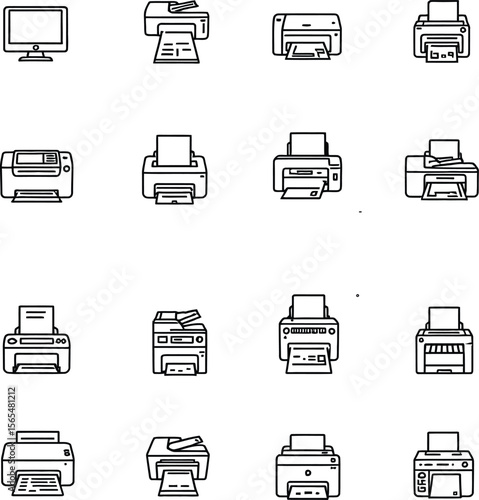Black-and-White Vector Illustration of Printers & Office Equipment – 16-Icon Digital Output Grid