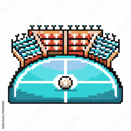 Pixel art soccer stadium with field, ball, and grandstands digital sports arena, green turf, illustration for gaming, design