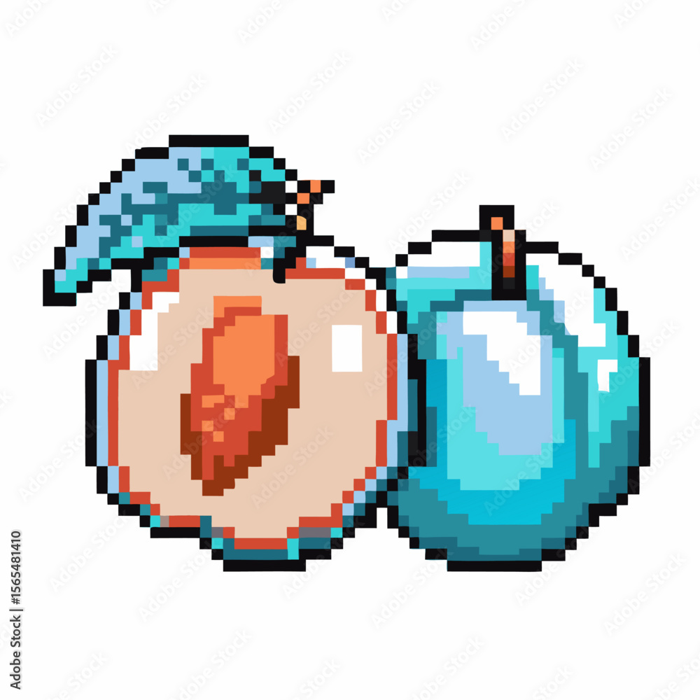 Fototapeta premium Pixel art peach and blue plum with green leaf retro 8 bit fruit illustration, bright colorful digital food icon