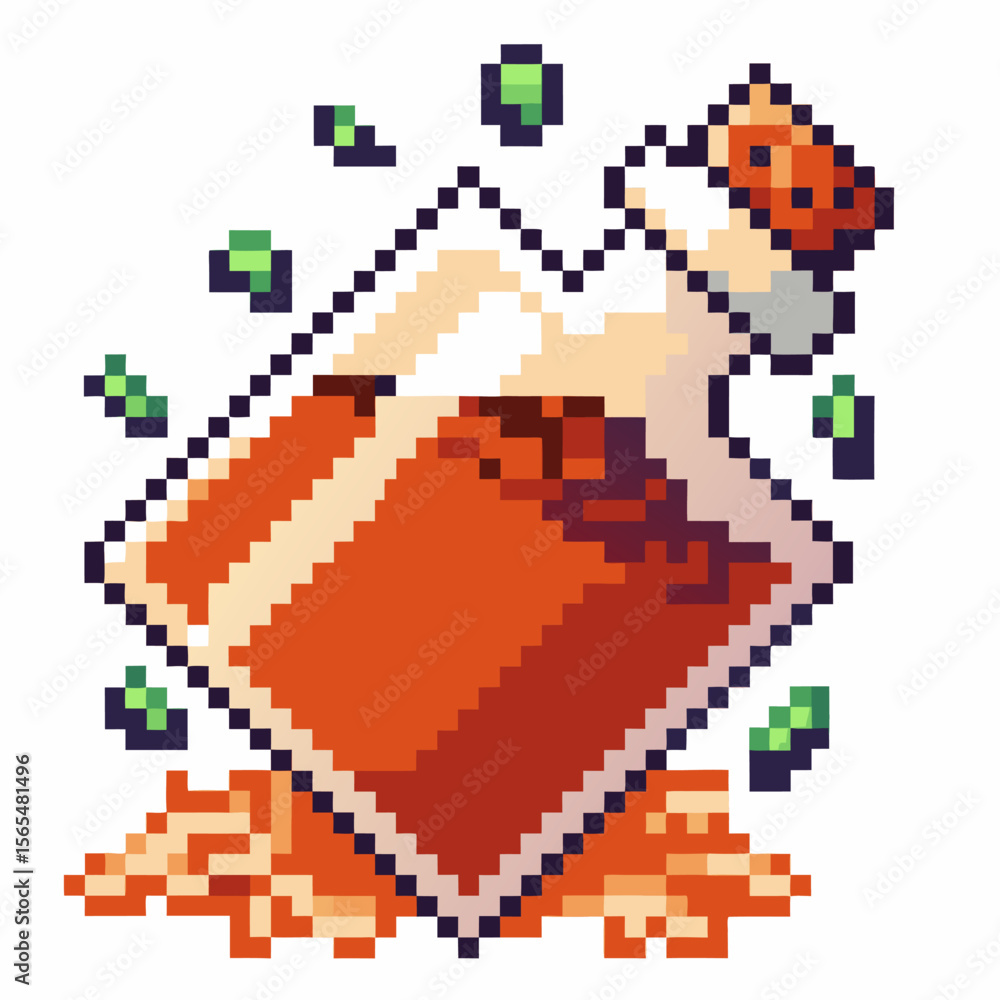 Fototapeta premium Pixel art magic potion bottle with red liquid and cork, fantasy elixir, retro video game style, sparkles and gold coins
