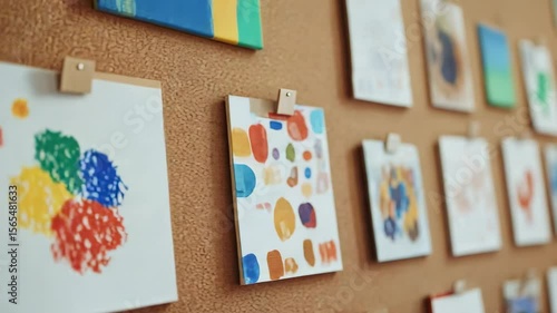 Displaying pupils' creativity, colorful drawings and paintings adorn a corkboard, showcasing a vibrant array of artistic expression in a school classroom setting, celebrating back to school season