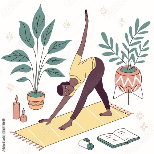 Woman practicing yoga triangle pose with plants and candles stretching flexibility