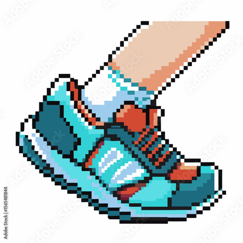 Pixel art running shoe on foot retro athletic sneaker, blue and orange colors, fast movement concept, sporty design, fitness icon