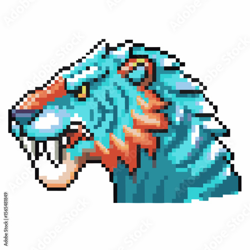 Pixel art saber toothed tiger head, retro game fierce beast illustration, vintage digital animal character icon