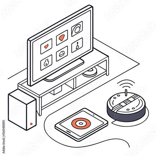 Smart home technology setup with television and tablet robotic vacuum