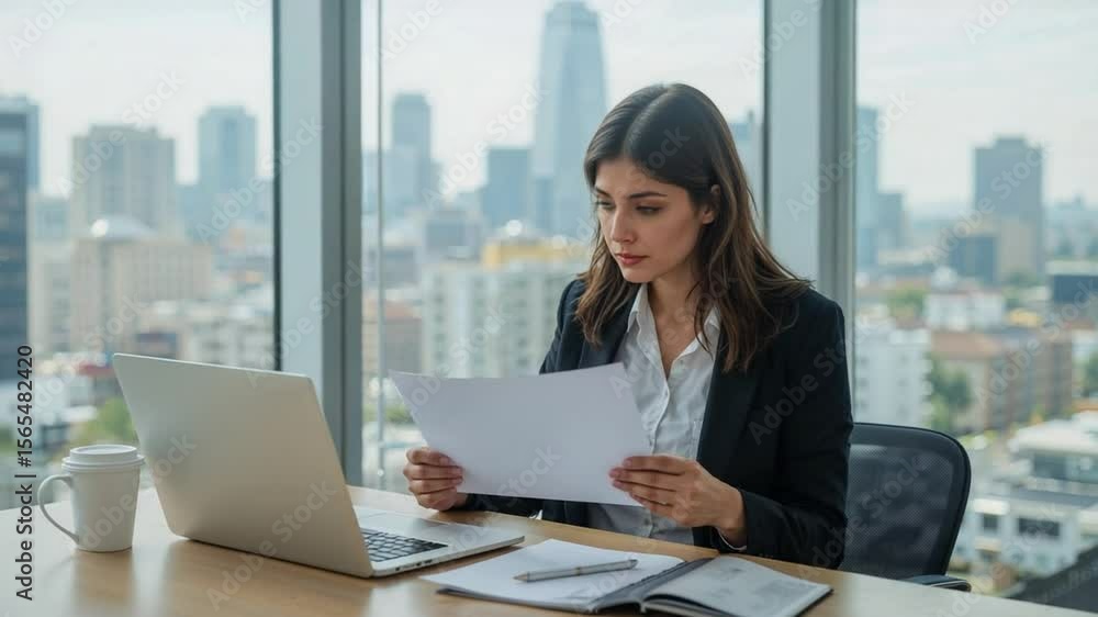 Businesswoman reviewing paperwork in modern office with city skyline view
Businesswoman reviewing paperwork in modern office with city skyline view