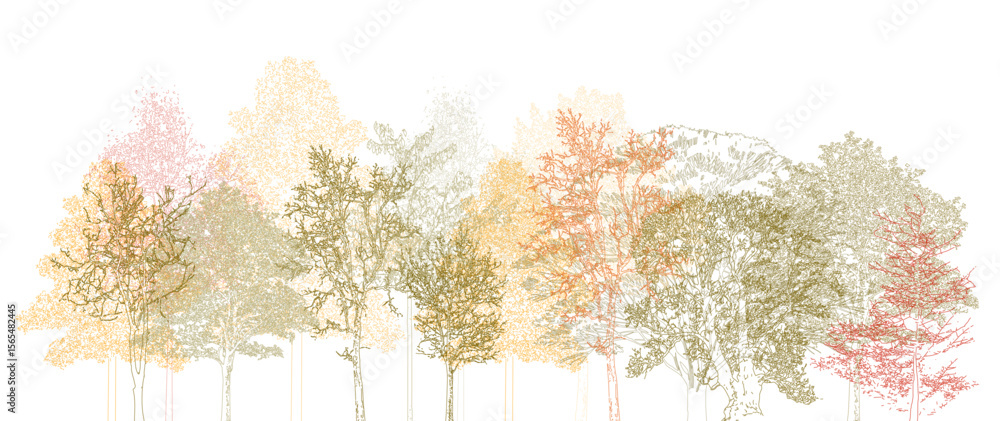 Fototapeta premium Architectural Drawings, Minimal style cad tree autumn line drawing, Side view, set of section wetland forest outline for landscape design drawing. Vector illustration in separate element