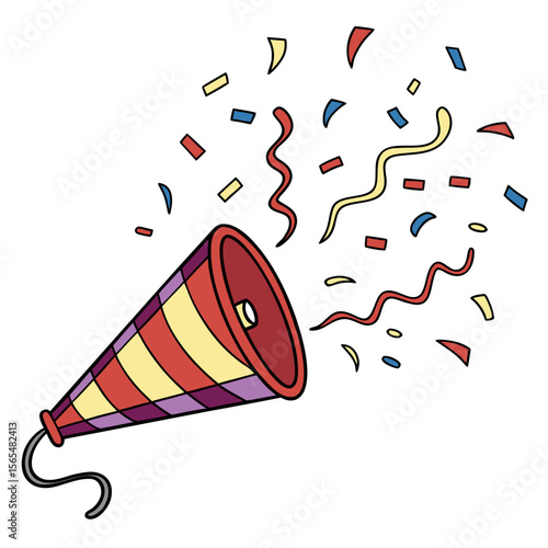Festive party popper exploding with colorful confetti and streamers celebration