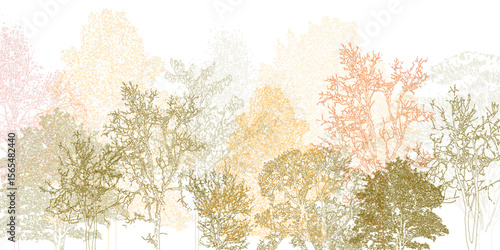 Architectural Drawings, Minimal style cad tree autumn line drawing, Side view, set of section wetland forest outline for landscape design drawing. Vector illustration in separate element