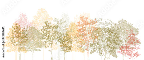 Architectural Drawings, Minimal style cad tree autumn line drawing, Side view, set of section wetland forest outline for landscape design drawing. Vector illustration in separate element