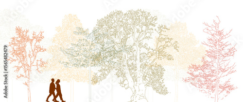 Architectural Drawings, Minimal style cad tree autumn line drawing, Side view, set of section wetland forest outline for landscape design drawing. Vector illustration in separate element