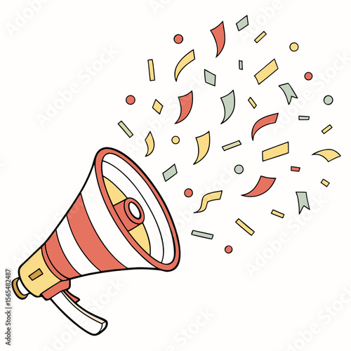 Festive megaphone blasting colorful confetti celebration party announcement