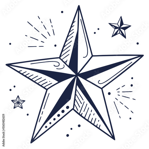 Nautical star with radiating lines and dots navy blue drawing