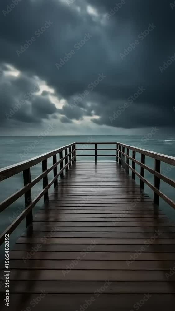 Serene wooden pier extending into a stormy ocean under dramatic cloudy sky at dusk Serene wooden pier extending into a stormy ocean under dramatic cloudy sky at dusk