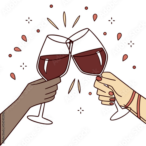 Two hands clinking wine glasses with celebratory sparks celebration toast