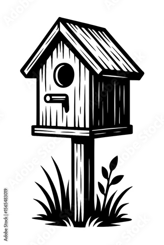 Charming Black and White Wooden Birdhouse Vector - Inviting Wildlife to Your Garden