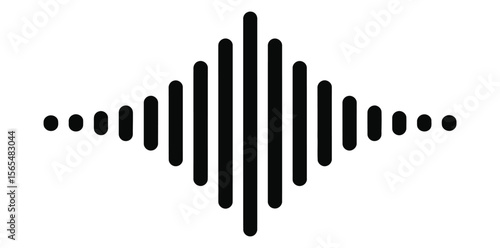 Black and white sound wave vector illustration depicting symmetrical audio frequency bars for music production, sound design, and multimedia