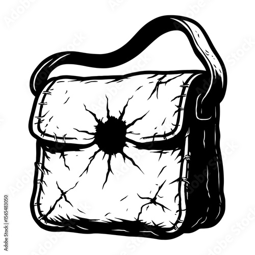 Grungy Black and White Distressed Bag with Bullet Hole Vector - Edgy and Damaged Aesthetic