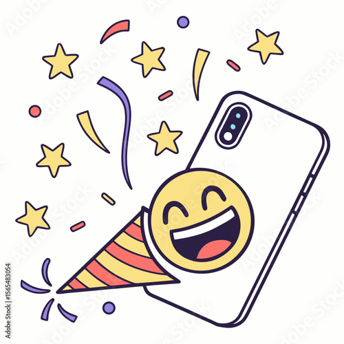 Happy emoji bursting from party popper with stars and confetti laughing celebration