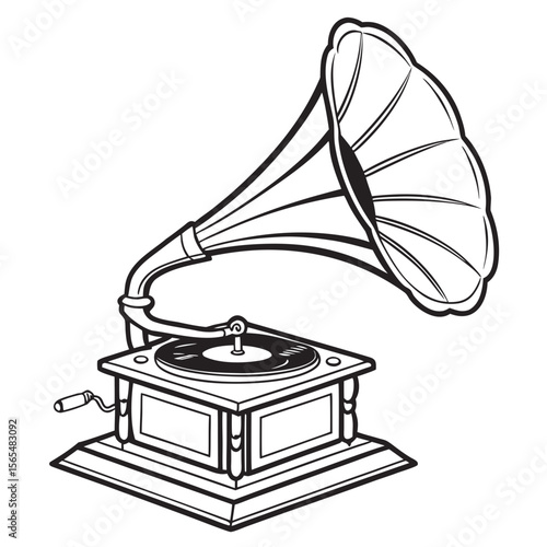 Vintage gramophone with horn and turntable phonograph music