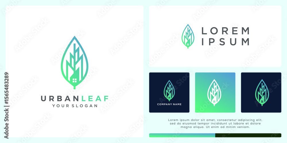 Naklejka premium Abstract urban leaf logo design with building and leaf