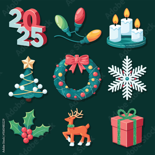 vector Happy New Year Celebrating 2025 in Latin letters , Christmas Decoration Items Santa Claus