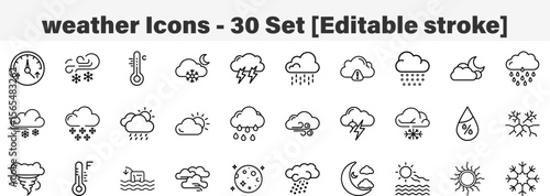 weather Icons 30 Set. Line Art Icon Collection. Editable Stroke. Vector Illustration