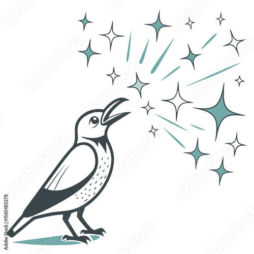 Bird singing with sparkling stars teal