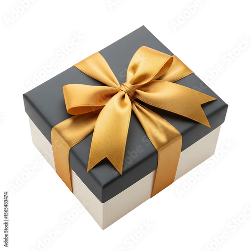 Pastel Black Gift Box with Golden Satin Ribbon on White Background Studio Shot
