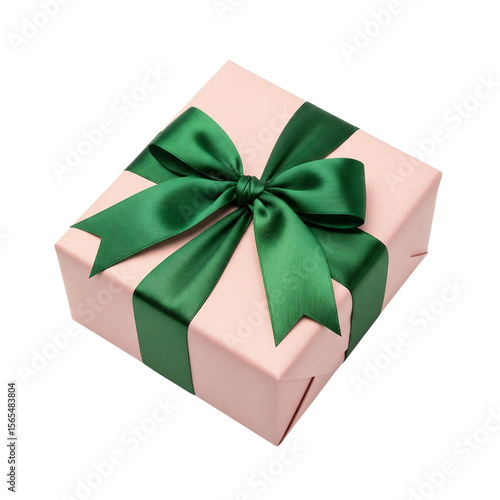 Pastel Pink Gift Box with Green Satin Ribbon on White Background Studio Shot