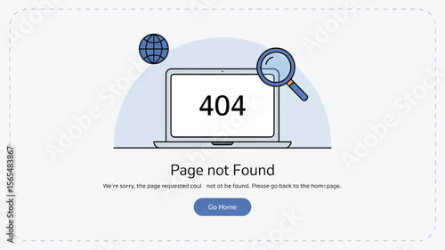 404 error page not found concept with laptop, magnifying glass and globe icon illustrating broken link, website issue, or maintenance alert