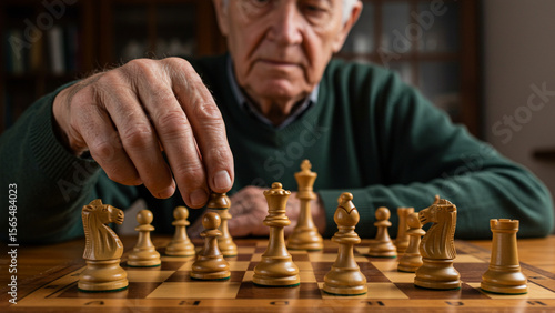 grandpa's hands playing chess, strategic thinking game
