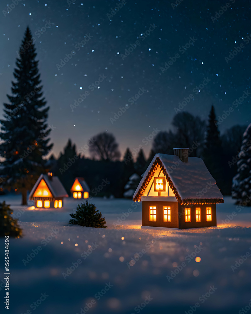 Illuminated miniature village at night with glowing lights Illuminated miniature village at night with glowing lights