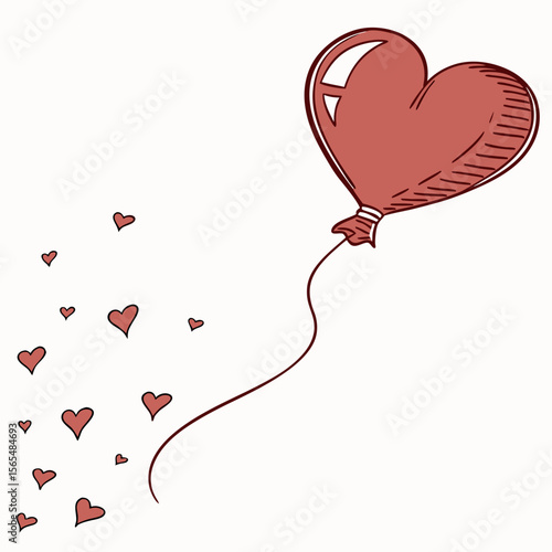 Red heart balloon floating with small hearts love