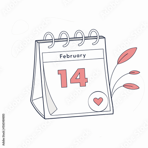 February fourteenth calendar with pink heart and leaves date reminder
